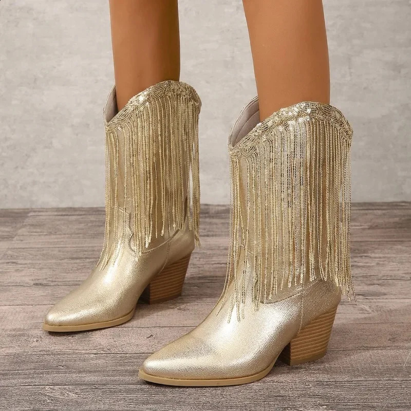Shoes for Women Fringed Sequin Fashion Womens Boots Comfortable Square Heel Modern Boots Gold Platform Boots 250418
