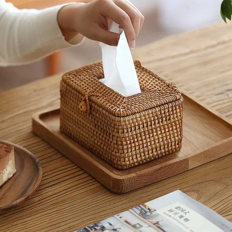 Rattan Tissue Box Desktop Toilet Paper Handkerchief Case Simple Napkin Holder Hand Woven Car Tissue Paper Dispenser Home DecorM251124