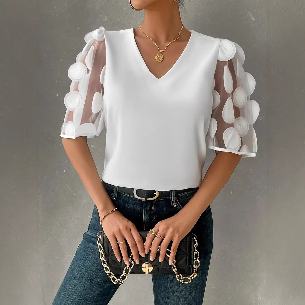 2025 new summer commuting solid color simple V-neck lace patchwork short sleeved shirt for women