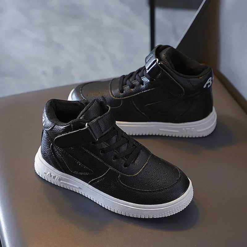 Spring 2024 New Fleece-Lined Sneakers White Casual High-Top Student Shoes Breathable Rubber Sole Childrens Lei C260130