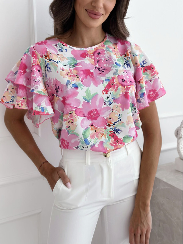 2024 new summer printed lotus leaf sleeve round neck simple short sleeved top