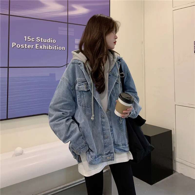 Designer Clothes Women's Hooded Denim Jacket Spring Fall Collection Light Wash Korean-Inspired Oversized Casual Coat Trendy Streetwear Top