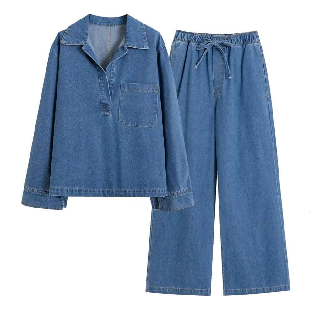 Designer Clothes Pb&Za Early Autumn New Women's Fashion Solid Color V-Neck Loose Denim Pullover Top High Waist Trousers Set
