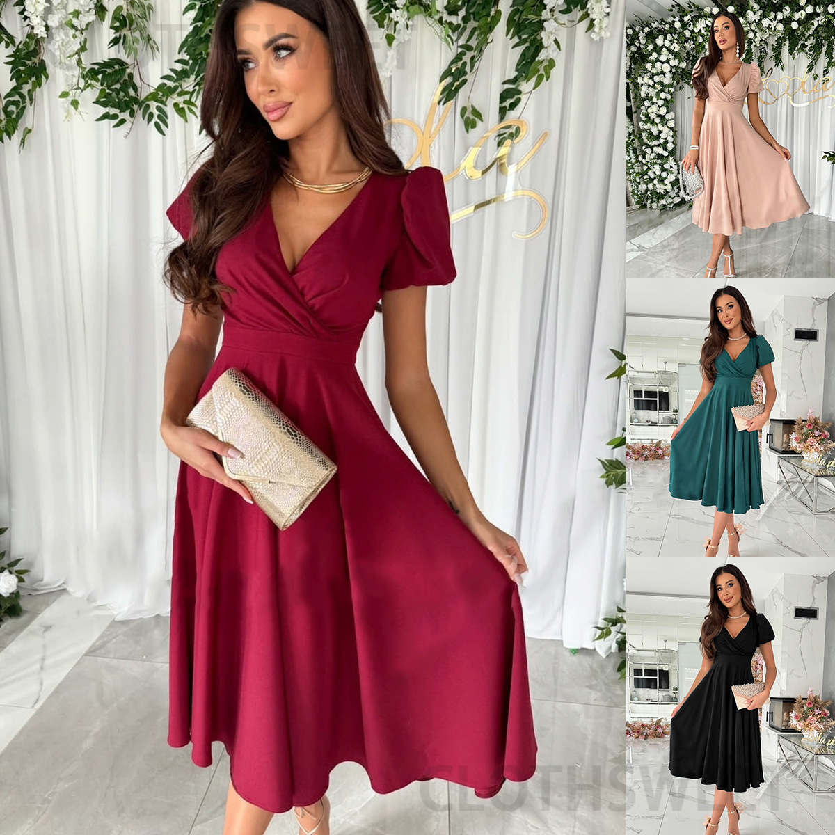 2024 new commuting solid color V-neck waist cinched bubble sleeves big swing dress for womens wear