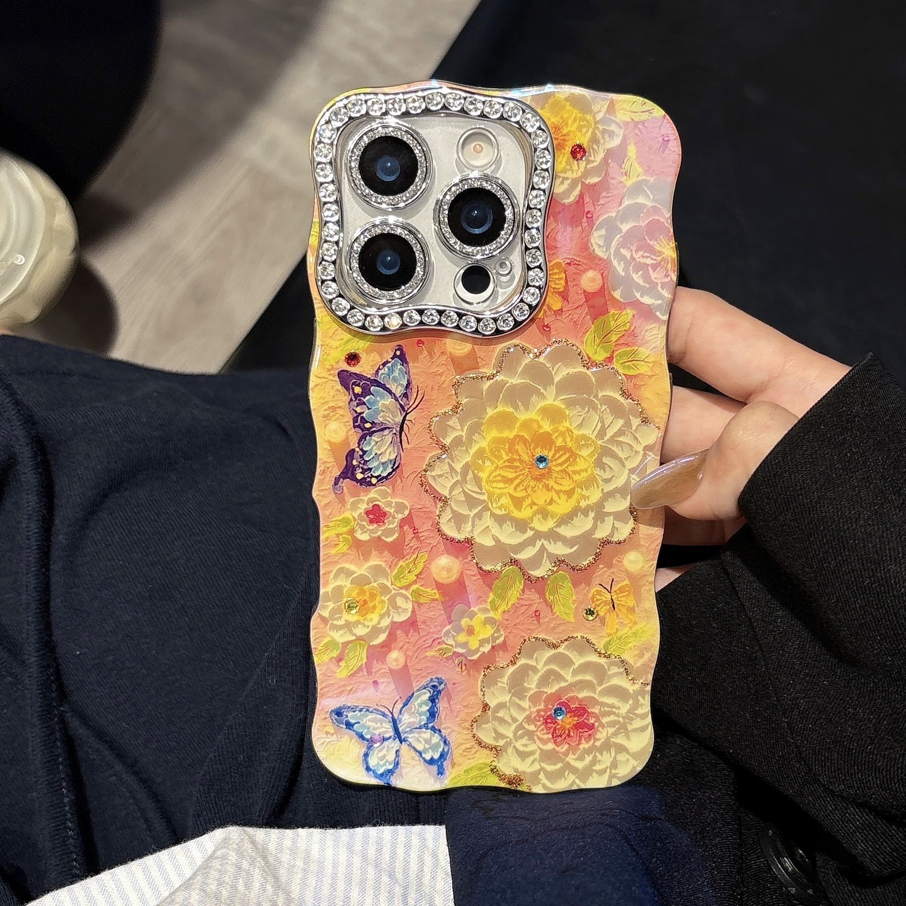Blue Light Butterfly Camellia Flower Phone Case Compatible with iPhone 17 Pro Max Twisted Edge Protective Case iPhone 16/15