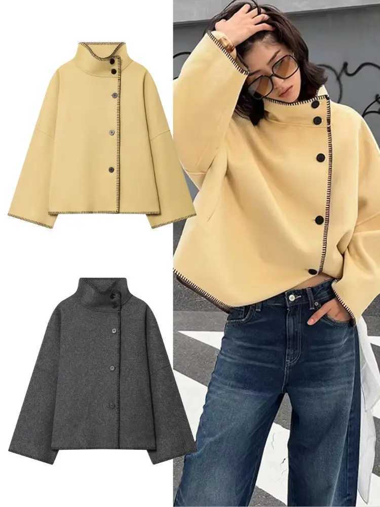HH Elegant Womens Loose High Collar Woolen Jacket 2025 Autumn Winter Long Sleeve Wide Shoulder Office Lady Street Outwears J251124
