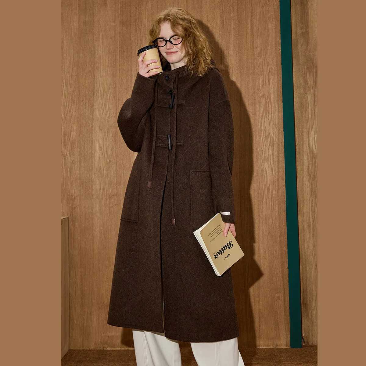 Womens Retro Maillard Color Wool Blend Hooded Coat Women Winter Mid Long Drawstring Trench Coat A Chic And Elegant Outerwear J251124