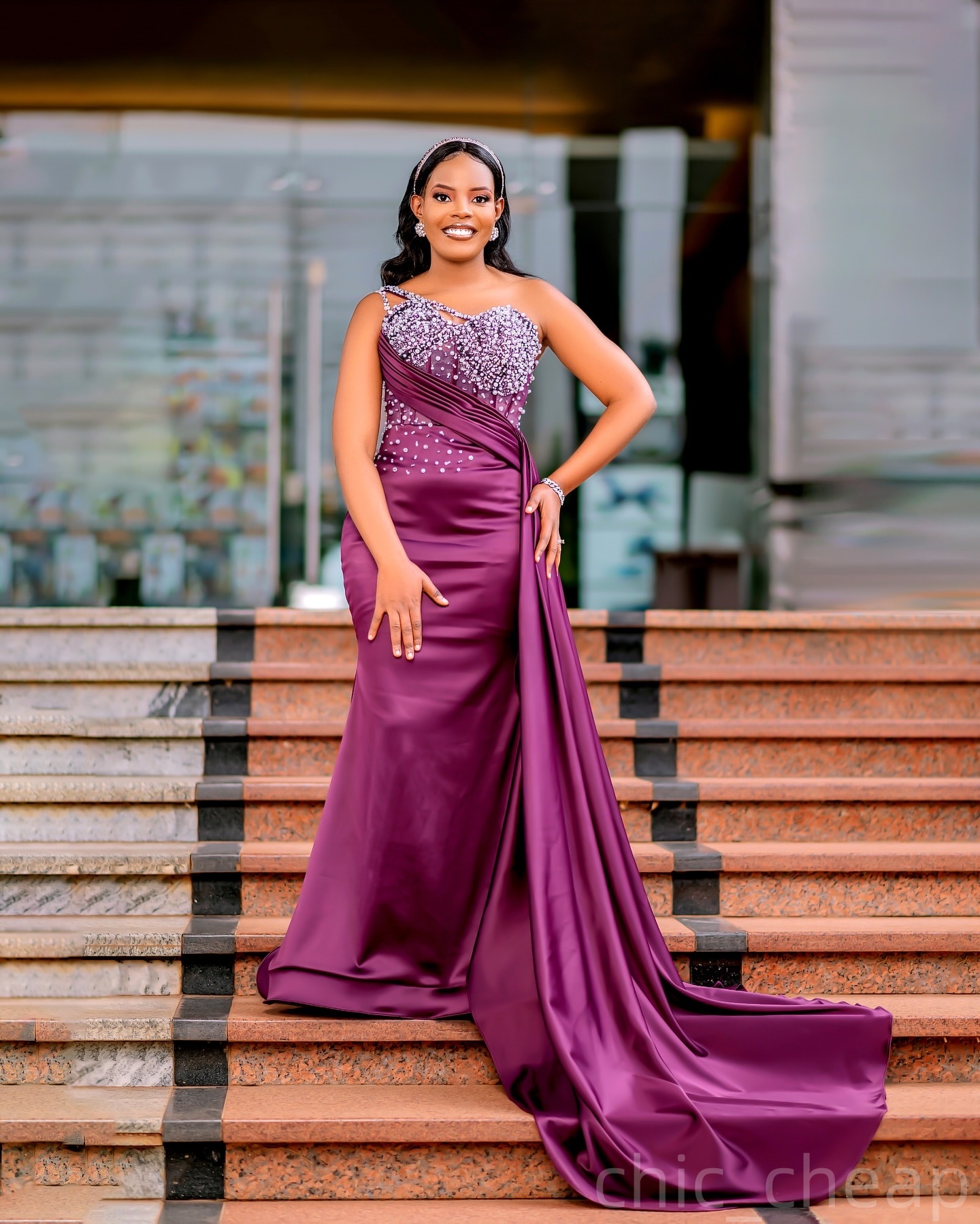 Mermaid Purple Plus Size Prom Dresses 2025 Pearls Crystals Satin One Shoulder Evening Formal Party Second Birthday Engagement Gowns Dress For Special 