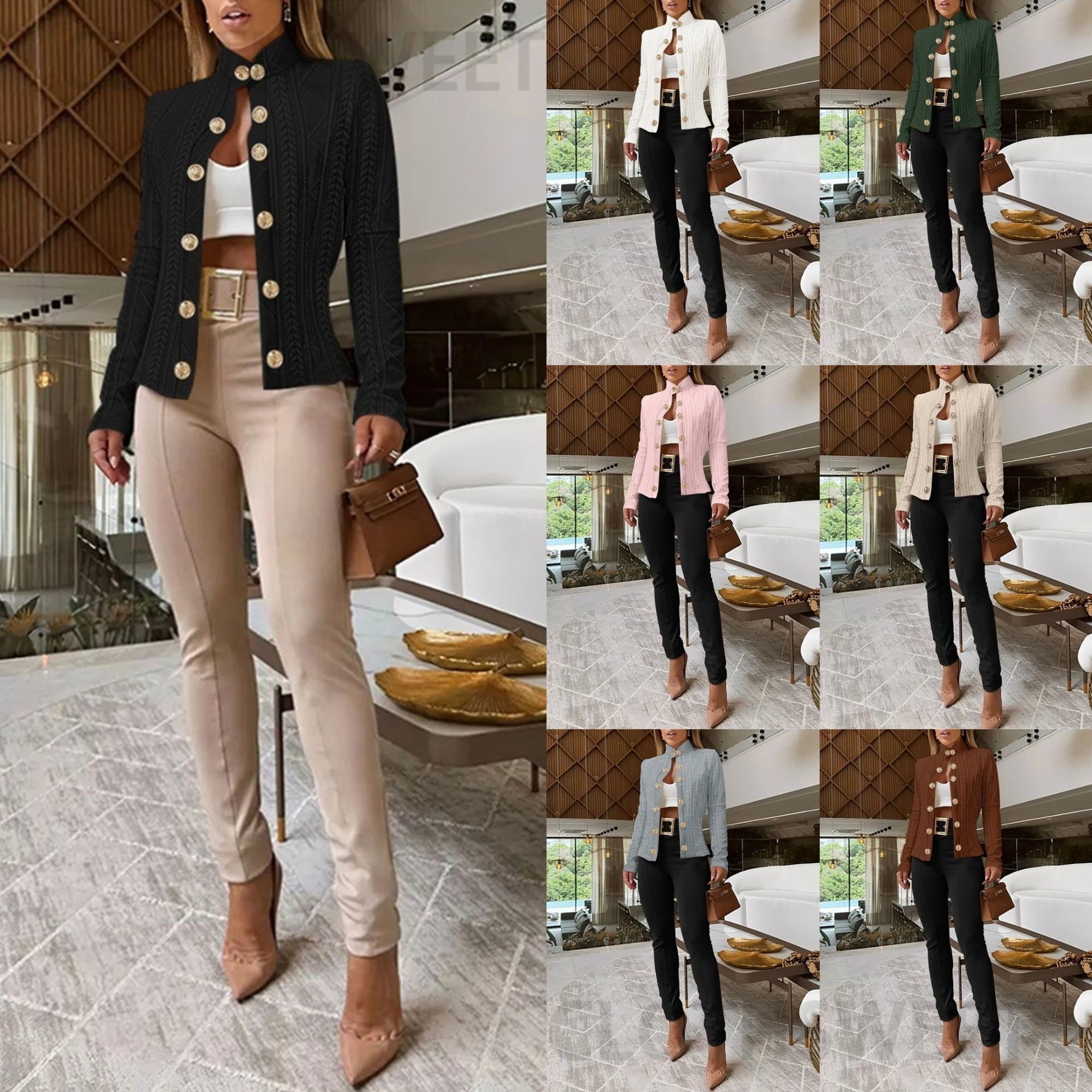 2024 metal buckle decoration stand collar long sleeved slim fit jacket womens clothing
