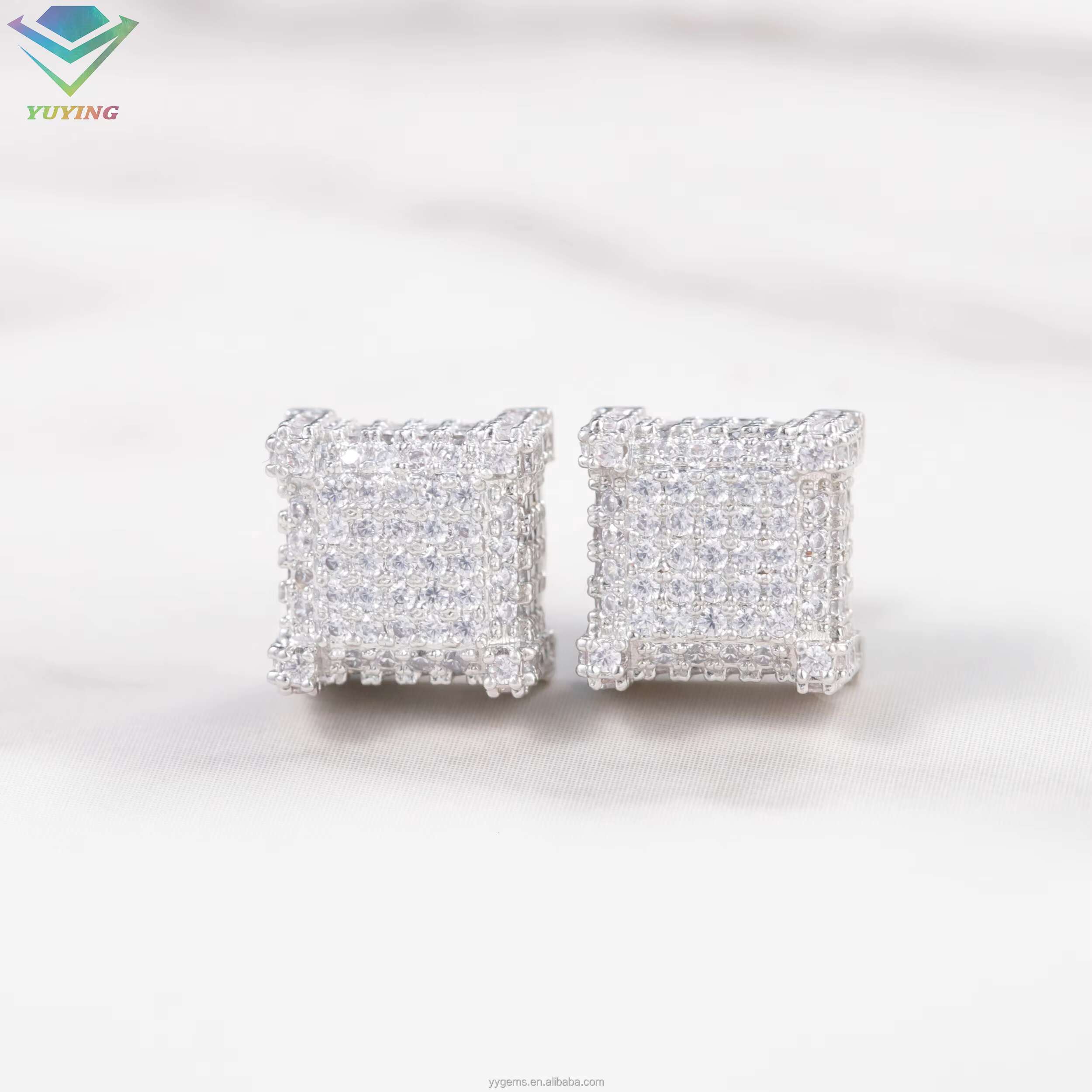 Yu Ying Iced Out Moissanite Earrings Square Style S925 Silver Hip Hop Earrings for Men Women GRA Moissanite Stud Earrings