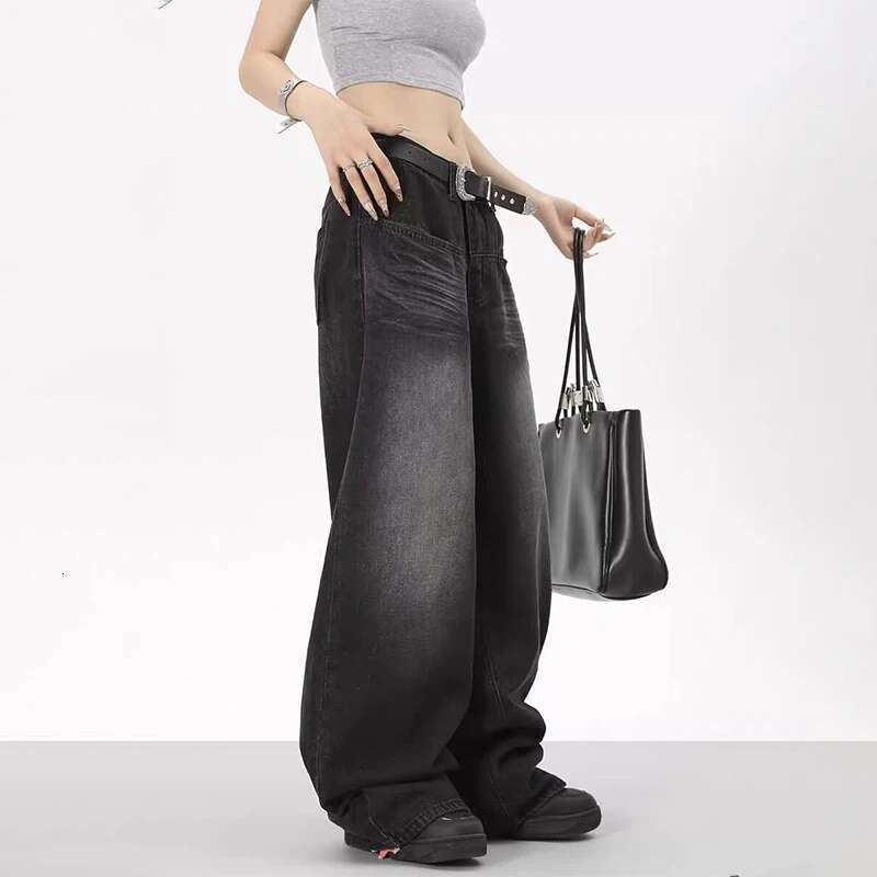 Designer Clothes Oversized Retro Black Wide Leg Pants For Women Chic Y2k Low Waist Baggy Trouser Mens Barrel Jeans Streetwear