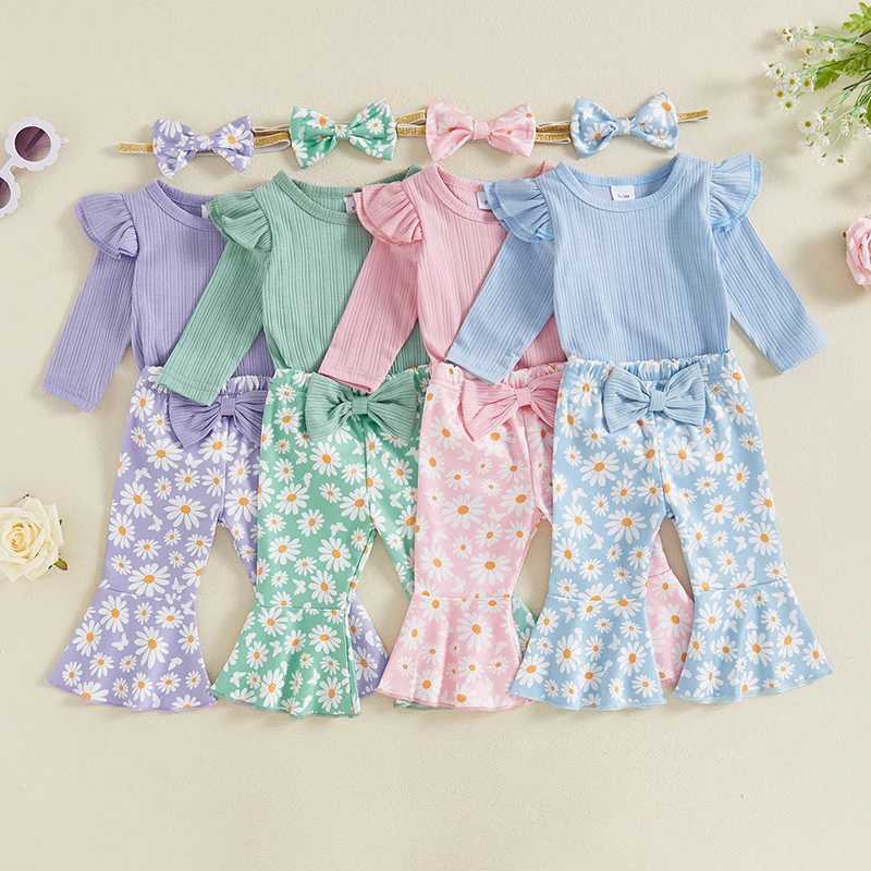 Clothing Sets 2024-05-23 Lioraitiin Baby Girl 3 Piece Fall Outfit Long Sleeve Ribbed Romper Flare Pants Bow Headband R250424