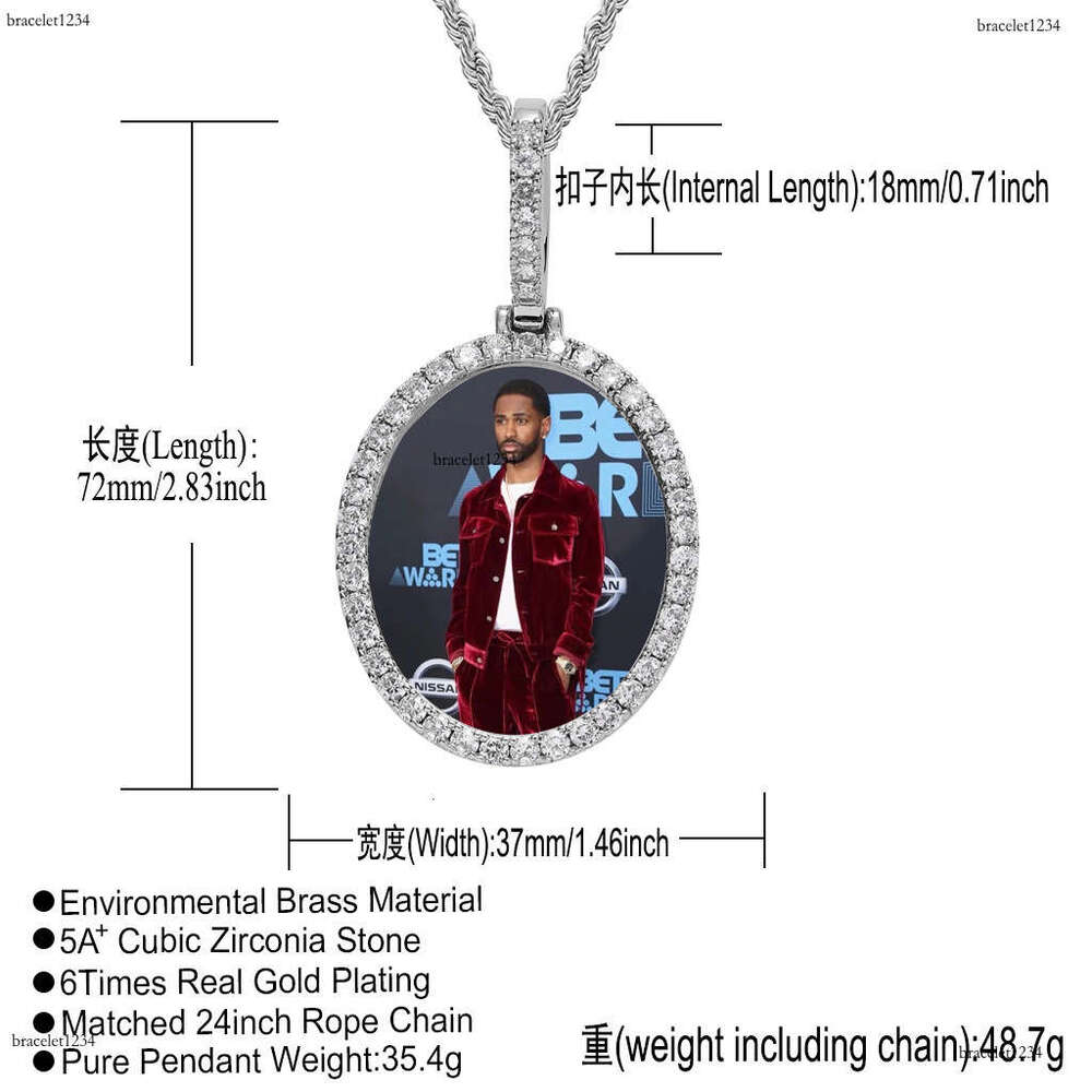 Luxury designer new products can carry photos. Hip hop style, gold plated, ice encrusted VVS Moissanite. Oval frame pendant necklace free shipping