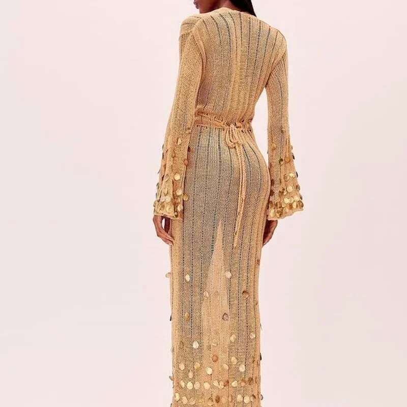 Sexy Sequin Knitted Long Dress Hollow Out Deep V Neck High Waist Robes See Though Party Dresses 2025 New Lady Vacation Clothing