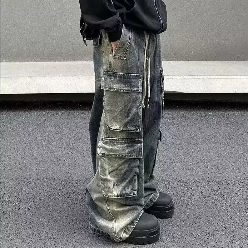 Simple and stylish washed blue multi pocket wide leg straight jeans lazy Harajuku clown trend 250423