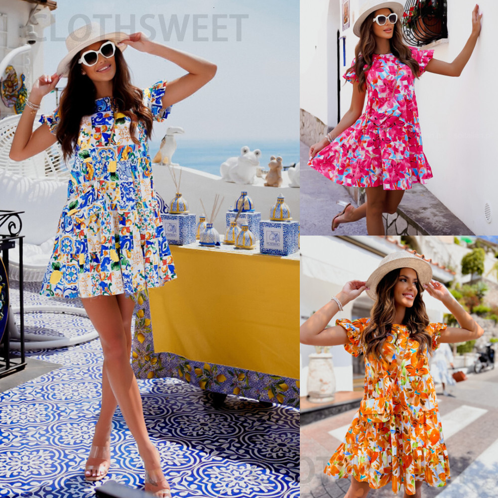 2022 summer flare sleeve crew neck print cropped hem dress