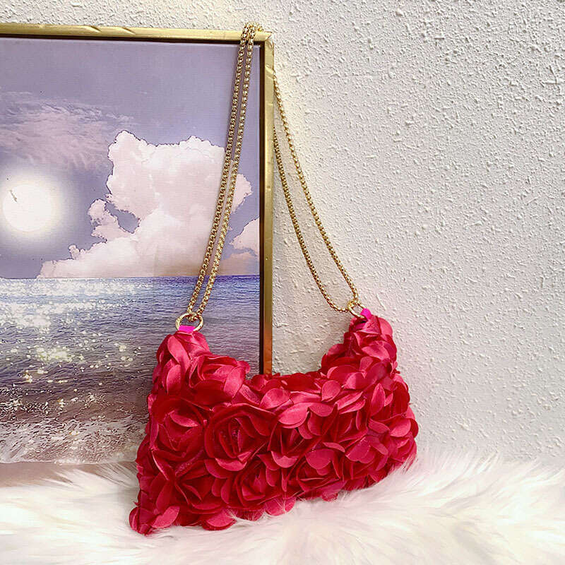 Small Niche Three-Dimensional Rose Blossom Sequin Color Ding Chain Zipper Armpit Crescent Dinner Bag