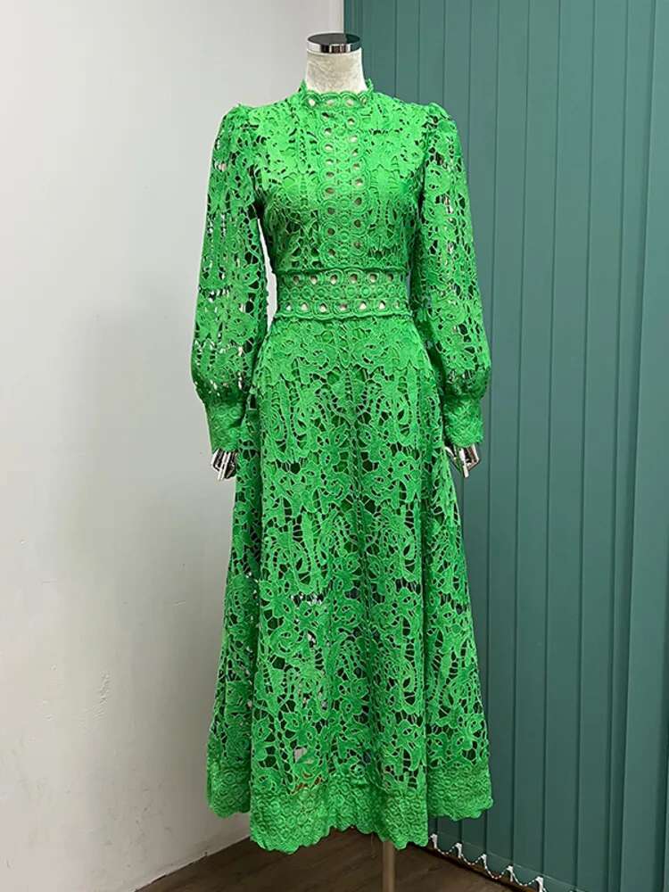 Lace Hollow Out Long Dresses Women 2025 Spring Holiday Full Sleeve Embroidery Elegant Party Vestidos Wedding Robe White