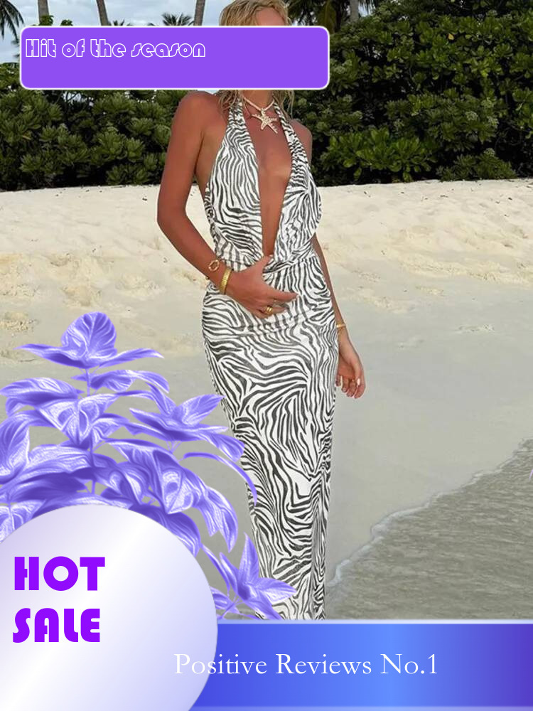 Dongdumaoyi Townlike Zebra Print Maxi Long Slim Bodycon Dress Women Halter Spring Summer Backless Nightclub Sexy Party Dresses