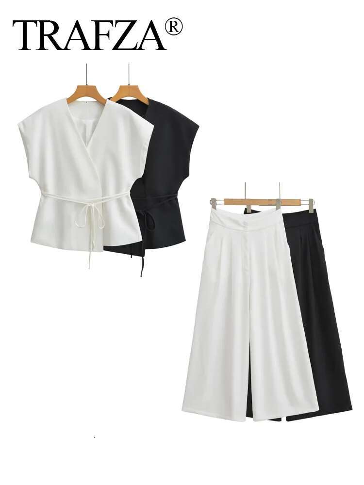 TRAFZA Summer Women's Pants Suits Double-Lapel Lace-Up Tank Tops+With Zipper Pocket Pleated Solid Loose Trousers Sets Casaul