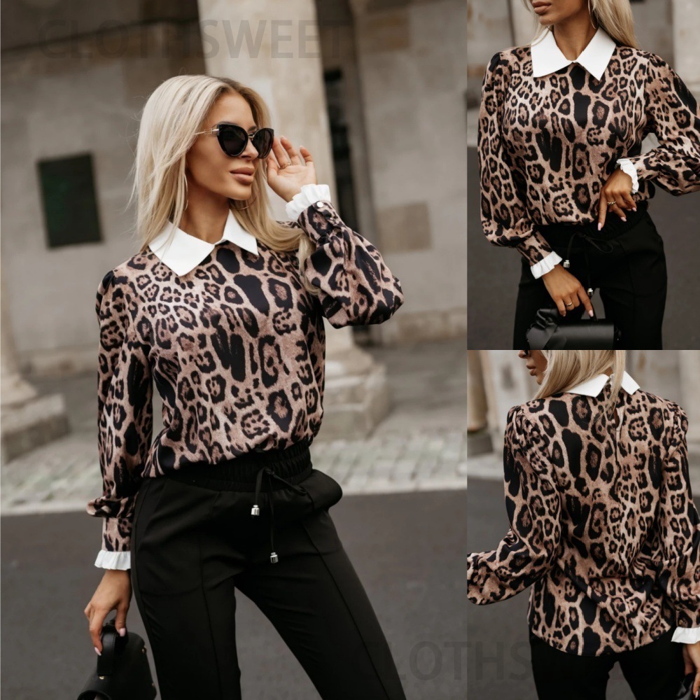 2024 Autumn Fashion Fake Two Leopard Print Long Sleeve Shirts for Women