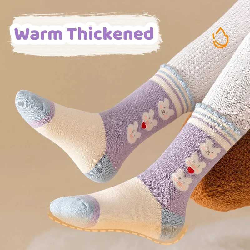 Girls Winter Socks Thick Cotton Warm Socks Little Big Girls Floral Bunny Socks 5 Pairs/bag Baby Calf-length Thermal Terry Socks G251124