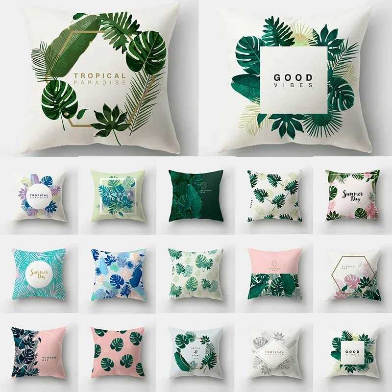 Fresh Summer Leaves Pillowcase for Waist Throw Home Decoration Green Letter Square Cushion Cover Tropical Plant Sofa Pillowslip G251124