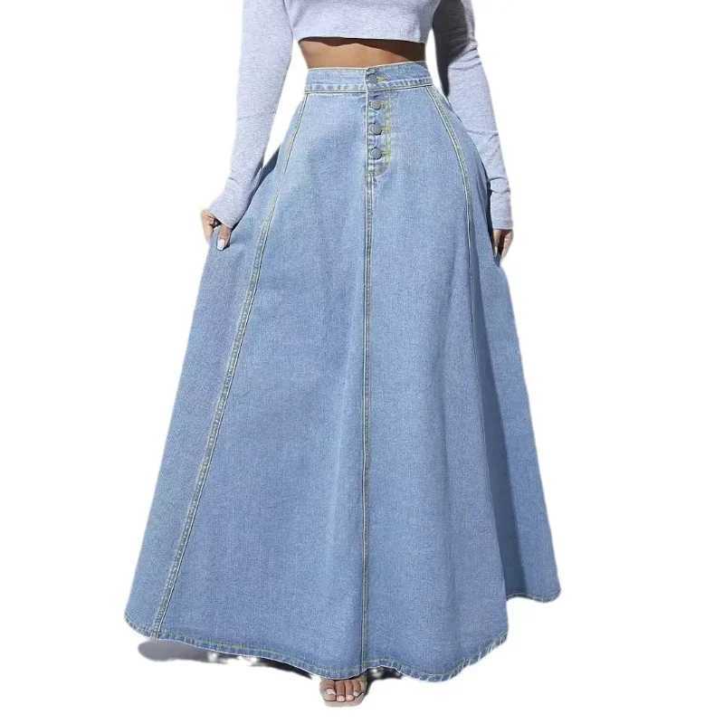 Denim dress womens long A-line single chest high waist jeans retro Maxi simple casual elegant splicing Y2k streetwear M250424