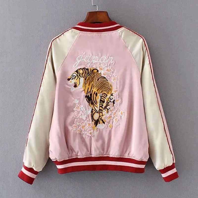 Double Sided Satin Baseball Jacket Women Sukajan Bomber Jacket Female Girls Embroidery Coat 2025 Spring Autumn Pink J251124