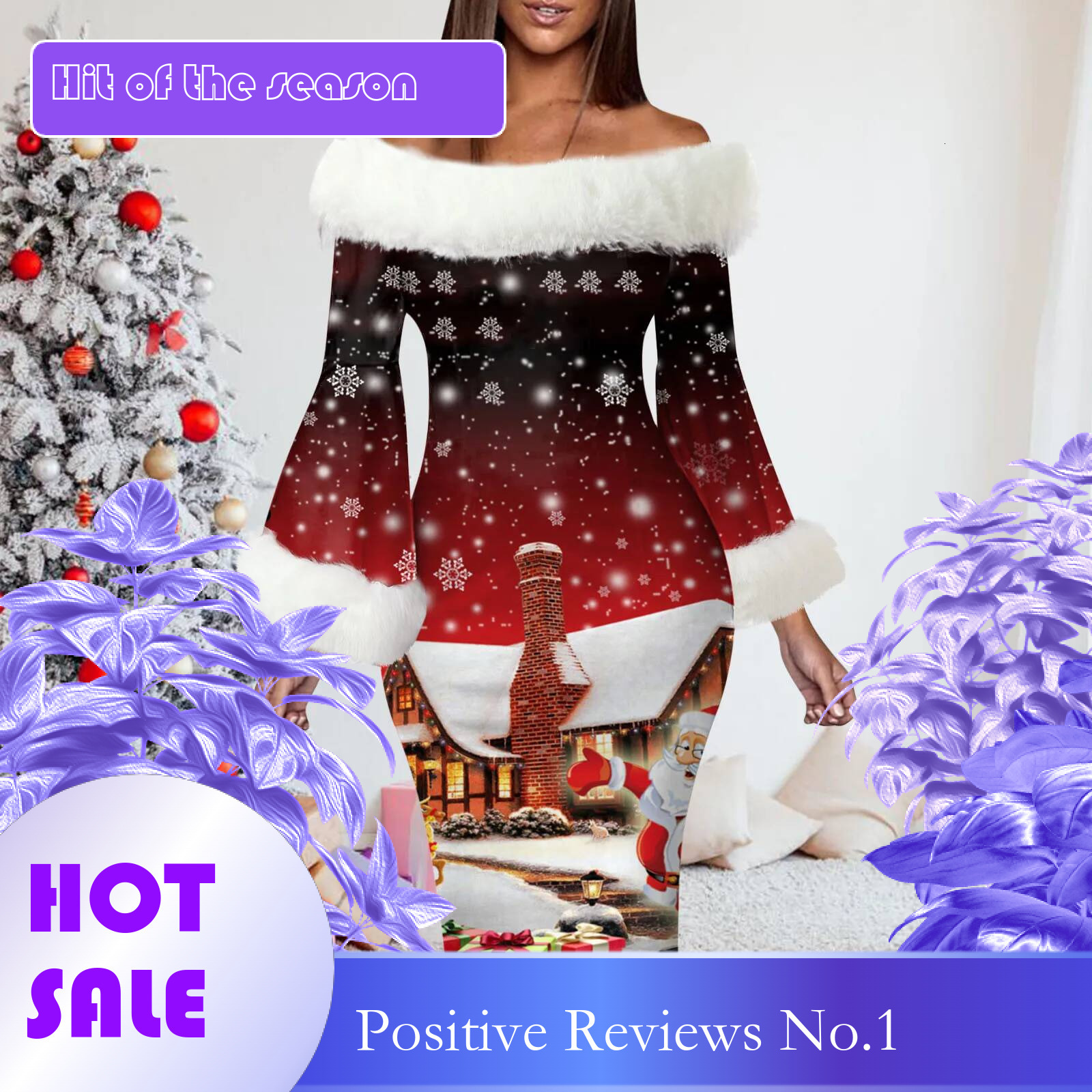 Dongdumaoyi Autumn Winter Elegant Christmas Print Dresses Women Off The Shoulder Bodycon Long Sleeve Plush Retro Party Costumes