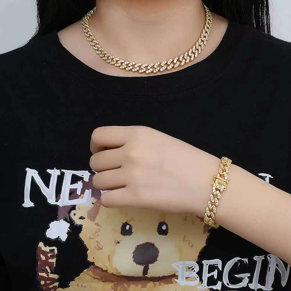 Hip Hop Jewelry 9mm Single Row Zirconia Real Gold Plating Cuban Chain Necklace and Bracelet for Weddings Men and Women