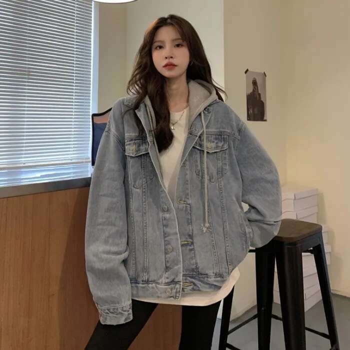 Designer Clothes Women's Hooded Denim Jacket Spring Fall Collection Light Wash Korean-Inspired Oversized Casual Coat Trendy Streetwear Top