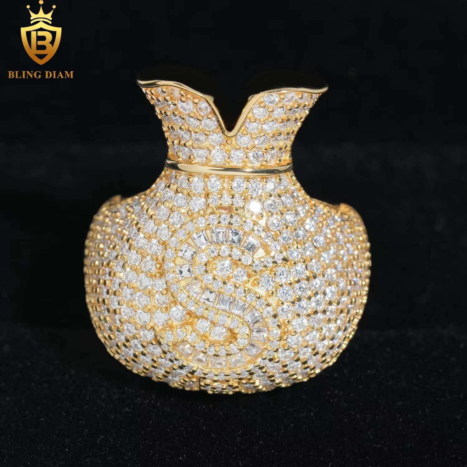 Hip Hop Jewelry Money Bag US Dollar Rings 925 Sterling Silver Gold Plated Ice Out Vvs Moissanite Fully Diamond for Men