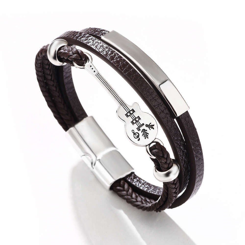 Punk trendy men's popular guitar PU leather fashionable multi-layer woven magnetic buckle bracelet