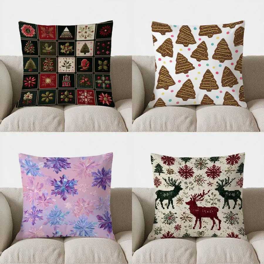 Christmas-Themed Patchwork Pattern throw pillow cover with short plush print for living room sofa decoration cushion cover G251124