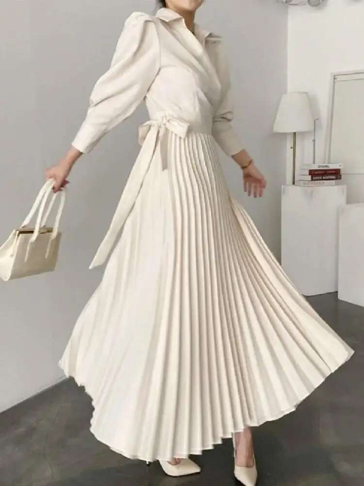 Spring Women Solid Color Puff Sleeves Lace-Up Waist A-Line Pleated Dresses Elegant Commuter Dress For Office Ladies