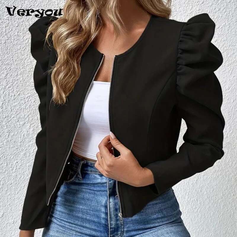 Fashion Short For Elegant Puff Sleeve Coat Jackets With Zipper Outerwear Black Jacket Women