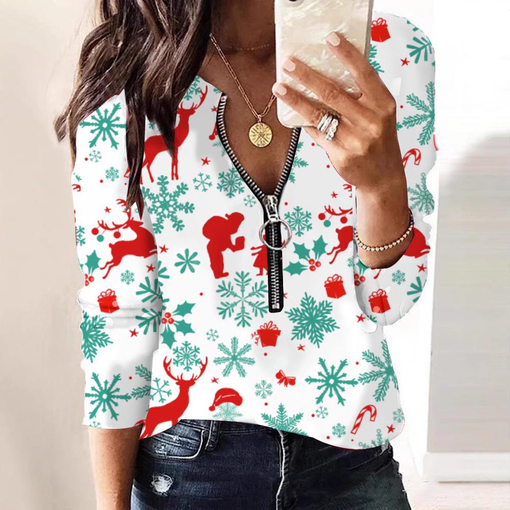 2023 Autumn/Winter New Christmas Printed V-neck Long sleeved Hoodie Womens Top