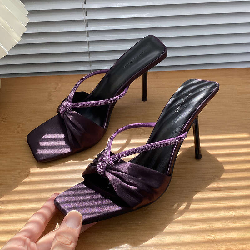 Woman Sandals Square Head Rhinestone Bow Straight Strap Sandals Women S Purple New Sexy Open Toed High Heeled Sandals For Outdoor Wear