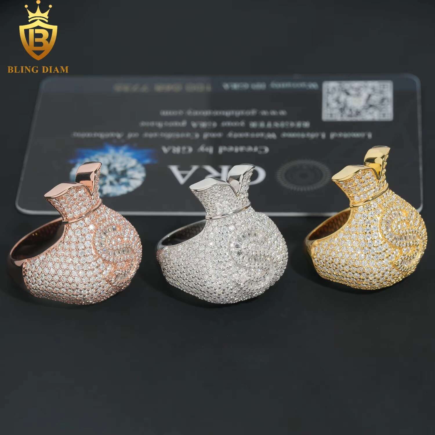 Hip Hop Jewelry Money Bag US Dollar Rings 925 Sterling Silver Gold Plated Ice Out Vvs Moissanite Fully Diamond for Men