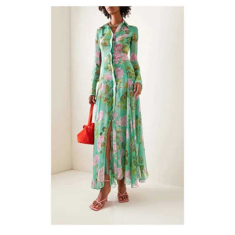 2024 Fashion Single Breasted Floral Elegant Party Green Dresses Lady Chic Long Sleeve Clothings Robes