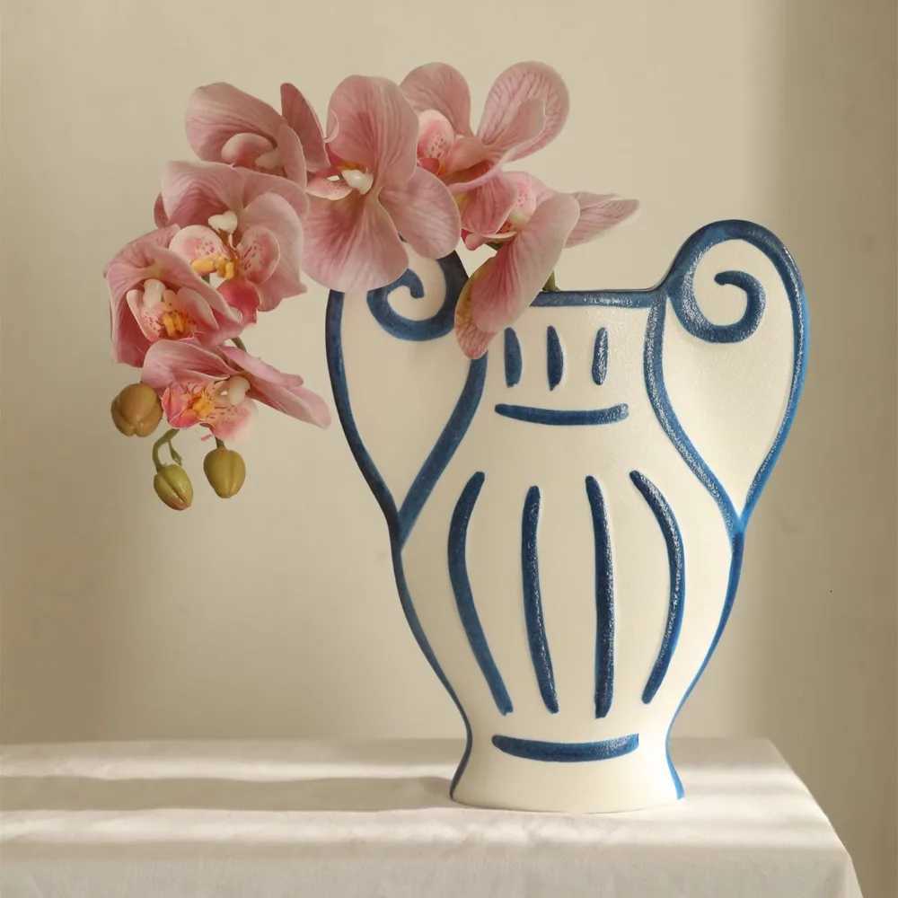 Nordic Ins Hand-painted Striped Shape Ceramic Vase Ornaments Living Room Bedroom Flower Arrangement Art Vases Wedding Decoration C251124