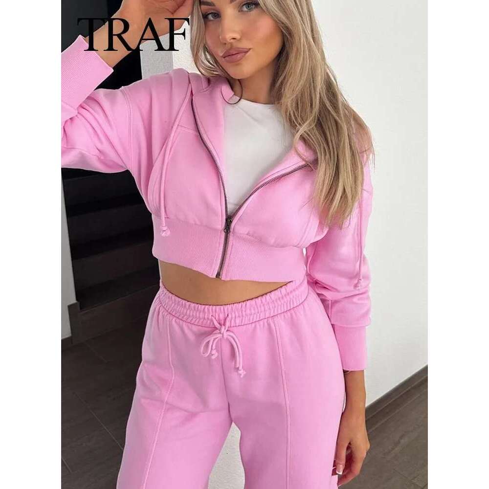 Designer Clothes TRAFZA Spring Female Casual Hoodies Zipper Coats+Elastic Waist Baggy 2 Pieces Set Elegant Loose Solid Pink Grey Pants