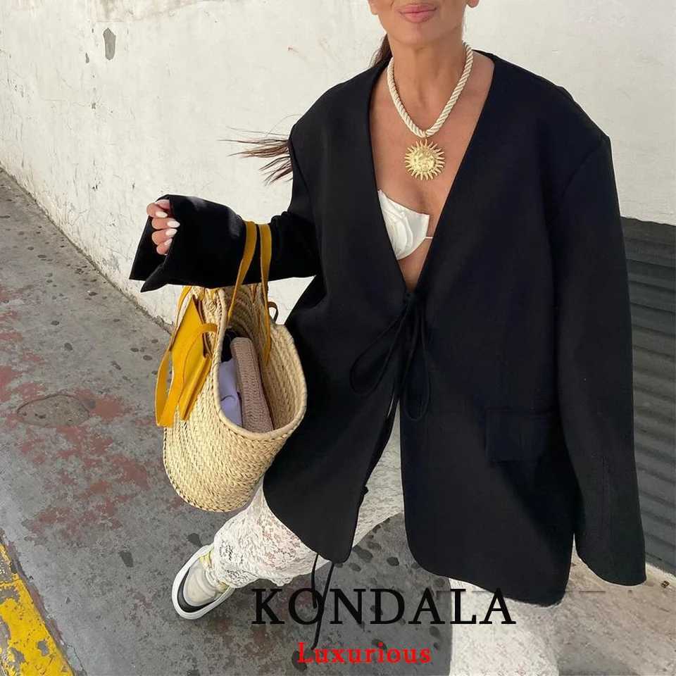KONDALA Casual Oversized Black Blazer Women V Neck Bow Tie Pockets Loose Jackets Fashion 2025 Fall Streetwear Women Outwears J251124