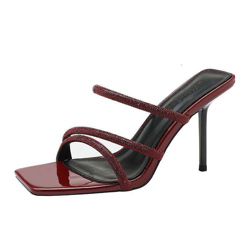 Woman Sandals Stiletto High Heeled In Burgundy Summer Sexy Exterior With Rhinestones Exposed Toes Straight Strap Square Head Cool Slippers For Women