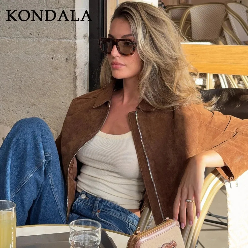 KONDALA 2025 Fall Winter Suede Zip Up Streetwear Women Jackets Fashion Casual Turndown Collar Brown Chic Elegant Ladies 251121