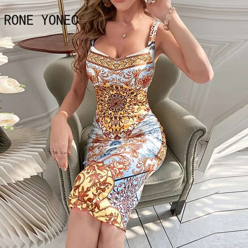 Women All Over Print Vintage Pattern Sleeveless Bodycon Midi Sexy Party Dresses