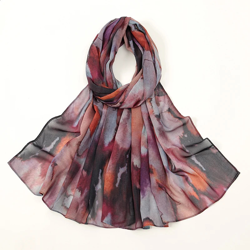Watercolor Digital Print Chiffon Hijab Scarf Woman Muslim Hijab Shawl Lady Colorful Blue Ethnic Turban Bandana 180*70cm 250424