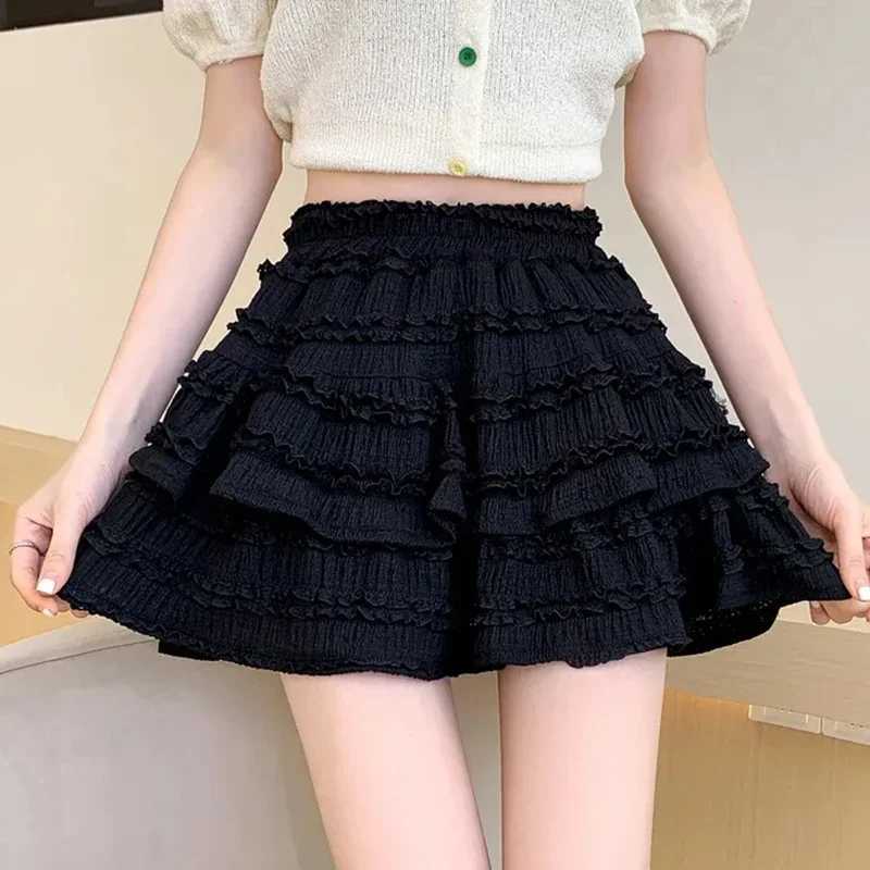 Gidyq Cute Lace Mini Skirt Womens Kawaii White Ruffle Fold Skirt Summer Korean High Waist Black Casual A-line Skirt M250424
