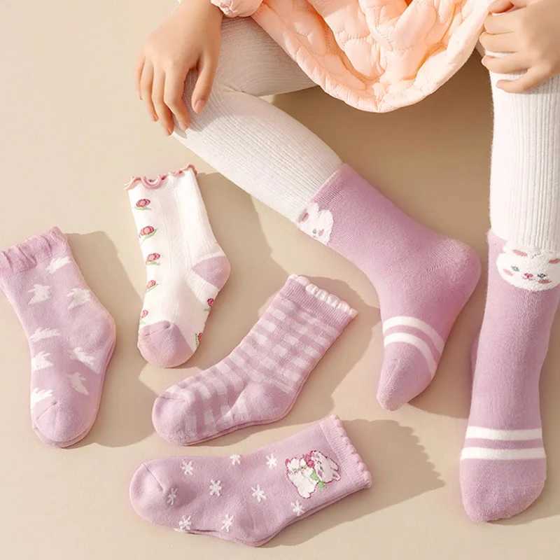 Girls Cherry Pink Winter Thickened Warm Socks Terry Cloth Light Pink Rabbit Pattern Childrens Socks 5-Pair Pack G251124